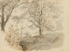 Waldskizze aus der Serpentara bei Olevano by Anton von Werner, Aquarellierte Bleistiftzeichnung auf Papier, sold Jan 2025