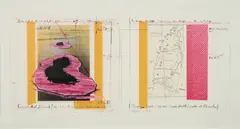 Christo, Surrounded Islands, Project for Biscayne Bay, Greater Miami, Florida, 1987, Linkes Blatt: Collotypie, Farbserigrafie und Klebeband über Fotografie auf Velin. Rechtes Blatt: Collotypie und Farbserigrafie mit Karte und rosafarbenem Polypropylenstoff und Klebeband auf leichtem Karton. Nebeneinander auf Karton montiert