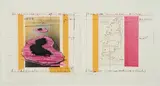 Christo, Surrounded Islands, Project for Biscayne Bay, Greater Miami, Florida, 1987, Linkes Blatt: Collotypie, Farbserigrafie und Klebeband über Fotografie auf Velin. Rechtes Blatt: Collotypie und Farbserigrafie mit Karte und rosafarbenem Polypropylenstoff und Klebeband auf leichtem Karton. Nebeneinander auf Karton montiert