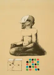 Sitzende Figur mit mag. Farbquadrat by Horst Antes, 1971, Farblithografie und Faden auf gelblichem Papier, sold Sep 2025