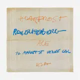 Robert Rauschenberg, Hoarfrost exhibition announcement, 1974, offset screenprint on fabric, cotton handkerchief
