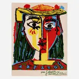 Portrait de femme au chapeau à pompons et au corsage imprimé by Pablo Picasso, c.1996, wool tapestry, sold Jul 2022
