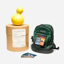 Jason Rhoades, Bottle Pumpkin from Perfect World (Edition for Parkett 58), 2000, hand-painted gourd, backpack, photographs, cardboard