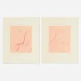 Rebecca Horn, Dancing Giraffe Tree (diptych) (from Sequences portfolio), 1998, soft ground etching on dyed transparent Japanese paper collaged on Hahnemühle etching
