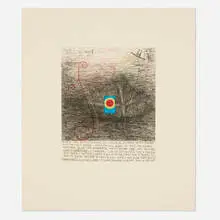 Pilgrim Repair by William T. Wiley, 1989, etching and aquatint in colors with collage, sold Nov 2024
