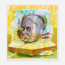 Dana Schutz, Untitled (Head of Timothy Leary) (for Parkett 75), 2005, lithograph in colors with wood printing elements on Rives