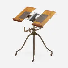 Adjustable dictionary stand by George J. Flanagan, c. 1900, copper-plated cast iron, oak, sold Oct 2022