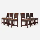 Early dining chairs, model 355, set of six by Gustav Stickley, c. 1902, oak, leather, brass, sold Oct 2022