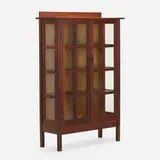 Double-door china cabinet, model 820 variant by Gustav Stickley, c. 1912-16, oak, glass, copper, sold Oct 2022