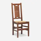 Rare side chair by Gustav Stickley, 1903, maple, fruitwood inlay, pewter, copper, rush, sold Oct 2022