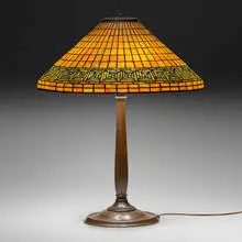 Tiffany Studios, Greek Key table lamp, c. 1910, leaded glass, patinated bronze