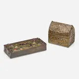 Art Nouveau jeweled box by attribution Alfred-Louis-Achille Daguet, c. 1900, enameled brass, copper, glass cabochons, sold Oct 2022