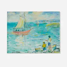 Francesco J. Spicuzza, Two Figures Fishing and Sailboats, oil on board