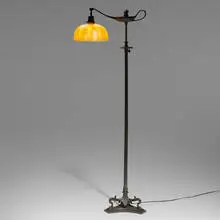 Tiffany Studios, Adjustable Aladdin (Pompeian) floor lamp, model 576, with damascene shade, c. 1910, patinated bronze, hand-blown Favrile glass