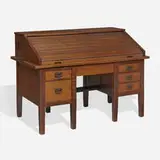 Early desk, model 457 R.T. by Gustav Stickley, c. 1902, oak, copper, sold Oct 2022