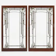 Prairie School, Windows, pair, leaded glass, gold leaf, oak, metal