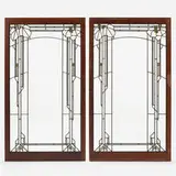 Prairie School, Windows, pair, leaded glass, gold leaf, oak, metal