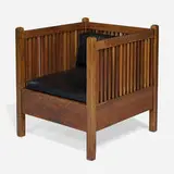 Spindle cube chair, model 391 by Gustav Stickley, c. 1907, oak, leather, sold Oct 2022