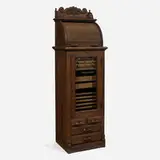 The Harvard Co., Tall dentist's cabinet, c. 1900, oak, beveled glass, brass, iron, copper