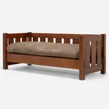 Settle, model 208 by Gustav Stickley, c. 1904-12, oak, upholstery, sold Oct 2022