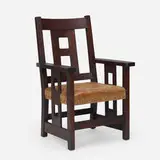 Limbert, Armchair, model 575, c. 1910, oak, leather, brass