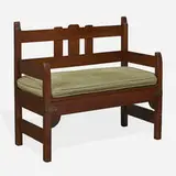 Hall bench, model 3578 by Stickley Brothers, c. 1905-10, oak, copper, upholstery, sold Oct 2022
