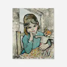 Portrait of a Young Girl with Fox Stuffed Animal by Constantine Kluge, oil on coarse canvas, sold Oct 2022