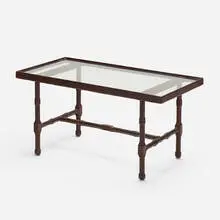 Jacques Adnet, Table, c. 1950, saddle-stitched leather over steel, glass