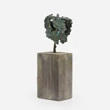 Untitled by Harry Bertoia, c. 1950, cast bronze with applied patina, lacquered wood, sold Feb 2021