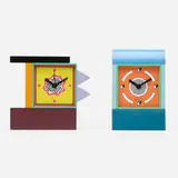 Neos table clocks, set of two by Nathalie du Pasquier and George Sowden, c. 1988, lacquered wood, glass, plastic, enameled aluminum, sold Feb 2021