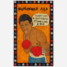 Erikus Maximus, Muhammad Ali, c. 2010, acrylic and ink on wood with found objects