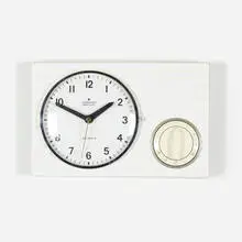 Max Bill, Wall clock and timer, c. 1954, glazed porcelain, chrome-plated brass, plastic, enameled aluminum