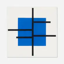 José de Rivera, Untitled (Black Lines, Blue Square), 1982, oil on canvas