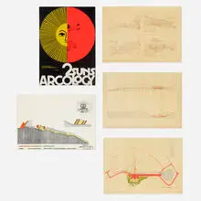 Paolo Soleri, Arcosanti graphics collection, c. 1976, screenprint in colors, blueprints with hand coloring