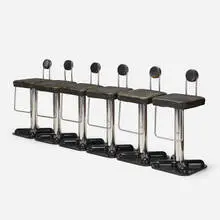 Brillo barstools, set of six by Joe Colombo, 1970, stainless steel, molded plastic, leather, rubber, sold Nov 2020