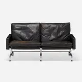 PK 31/2 settee by Poul Kjaerholm, 1958, leather, matte chrome-plated steel, plastic, sold Jul 2022