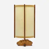 George Nakashima, Table lamp, c. 1961, burl wood, holly, walnut, fiberglass