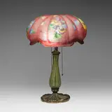 Pairpoint, Puffy table lamp with pansies, c. 1915, reverse-painted frosted glass, patinated, painted, and gilt metal