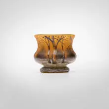 Miniature Paysage d'hiver vase by Daum, c. 1900, acid-etched and enameled glass, sold Oct 2024
