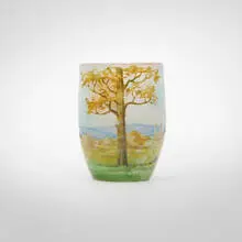 Miniature scenic vase by Daum, acid-etched and enameled glass, sold Oct 2024