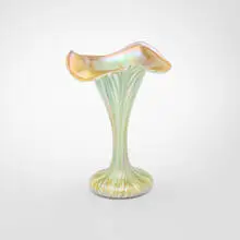 Pulled-feather vase by Quezal, c. 1910, hand-blown glass, sold Oct 2024