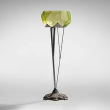 Thomas McCreary, Ruba Rombic fishbowl on stand, c. 1928, mold-blown glass, painted iron