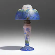 Rare boudoir lamp with cornflowers by Daum, c. 1900, acid-etched and enameled glass, metal, sold Oct 2024