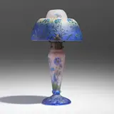 Daum, Rare boudoir lamp with cornflowers, c. 1900, acid-etched and enameled glass, metal