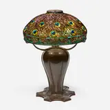 Tiffany Studios, Rare and Early Peacock table lamp, c. 1905, leaded glass, Favrile glass, patinated bronze