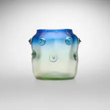 Luna cabinet vase with prunts by Arno Richter for Loetz, c. 1900, hand-blown and applied glass, sold Oct 2024