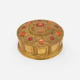 Byzantine inkwell by Tiffany Studios, c. 1910, gilt and enameled bronze, glass, turquoise, sold Oct 2024