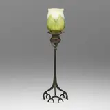 Root candlestick with pulled-feather shade by Tiffany Studios, c. 1910, patinated bronze, hand-blown Favrile glass, sold Oct 2024