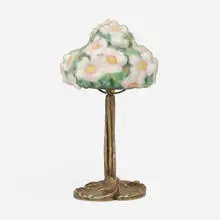Pairpoint, Puffy boudoir lamp with apple blossoms, c. 1915, reverse-painted frosted glass, patinated metal