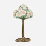 Pairpoint, Puffy boudoir lamp with apple blossoms, c. 1915, reverse-painted frosted glass, patinated metal
